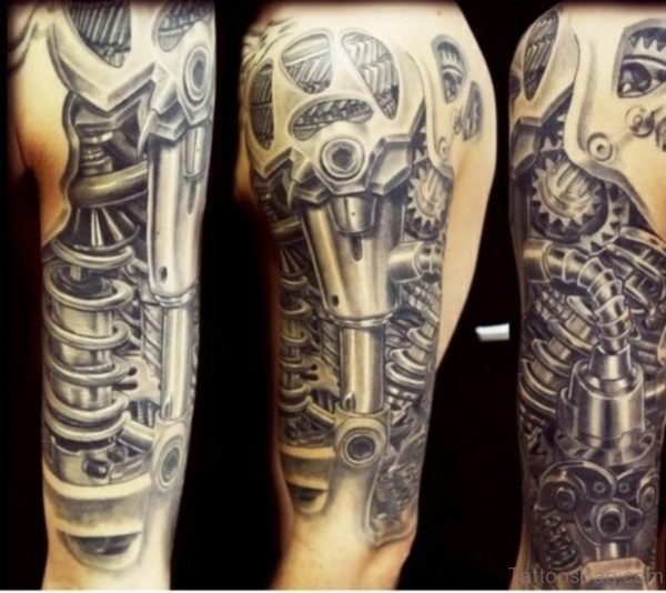 Grey Bio Mechanical Tattoo On Half Sleeve