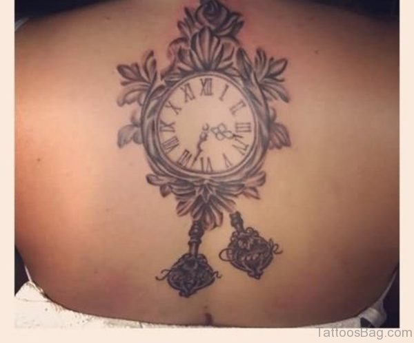 Grey Clock Tattoo On Upper Back For Girl
