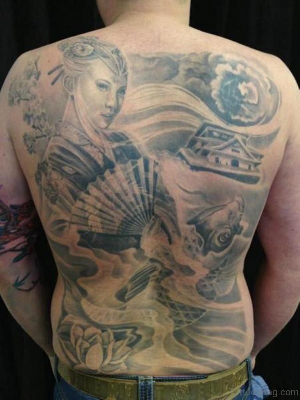 Grey Geisha Tattoo On Back