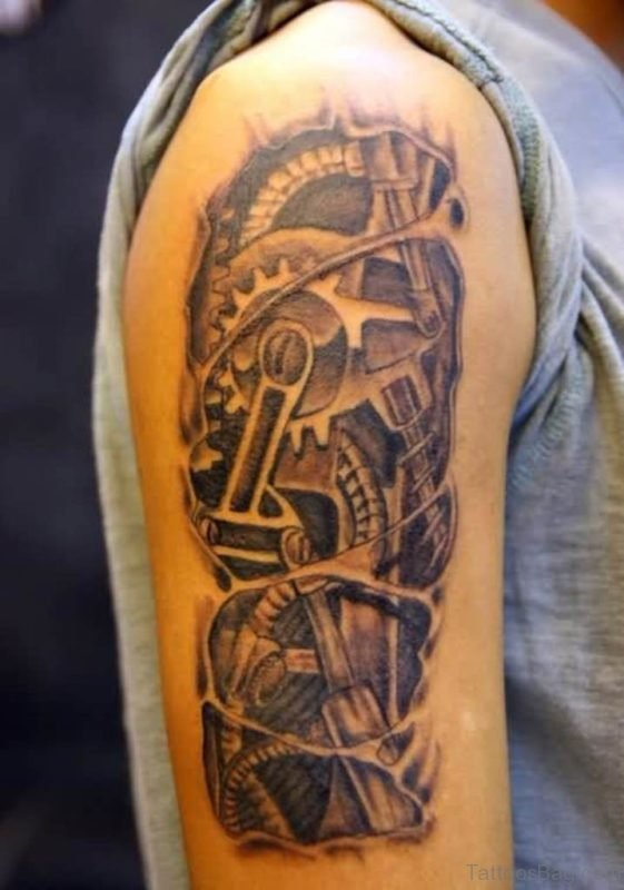 Grey Ink 3D Mechanical Gears Tattoo