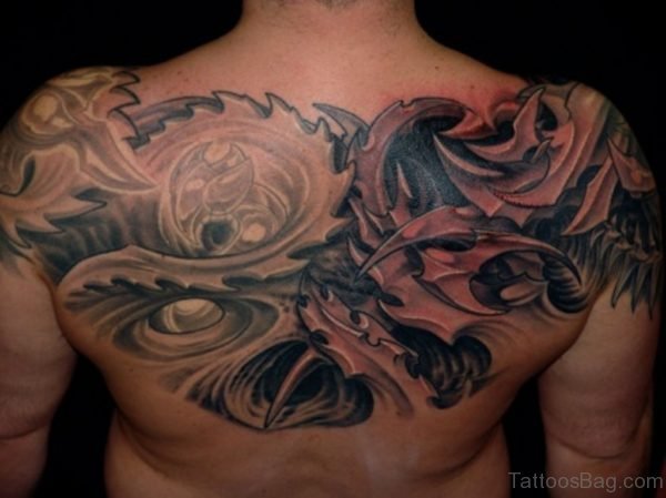 Grey Ink Biomechanical Upper Back Tattoo