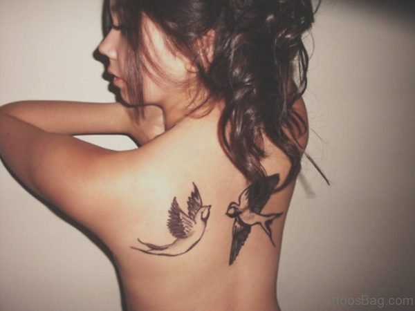 Grey Ink Birds Tattoo On Back