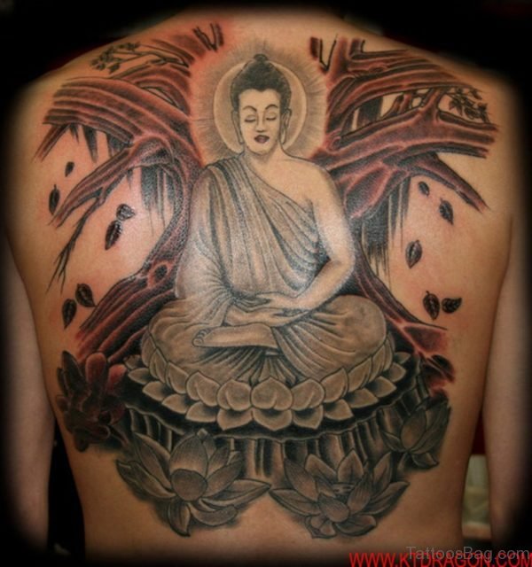 Grey Ink Buddha Lotus Tattoo On Upper Back