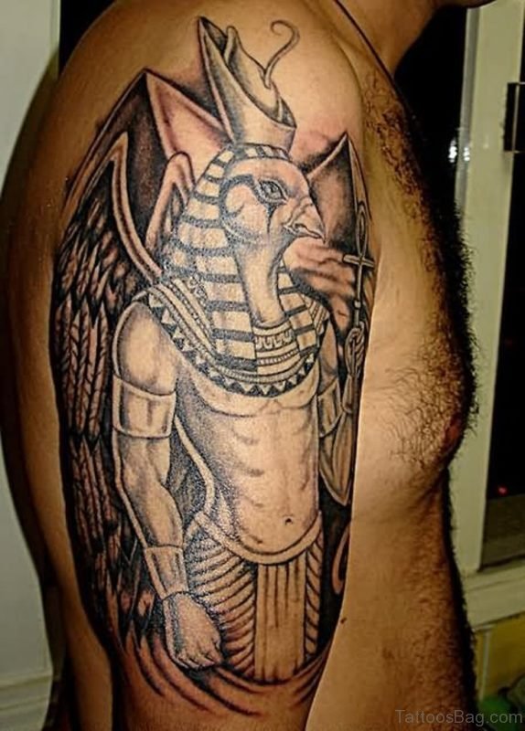 Grey Ink Egyptian Tattoo On Shoulder