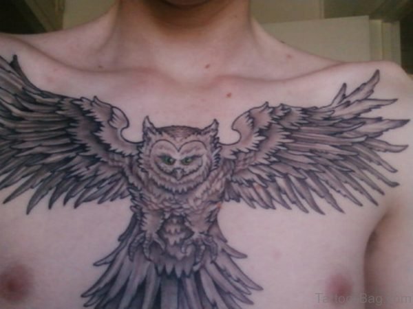 Grey Ink Owl Chest Tattoo
