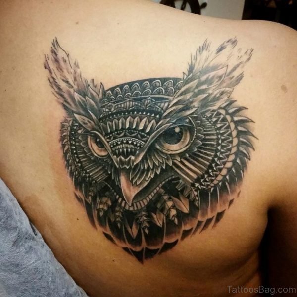 Grey Ink Owl Head Tattoo