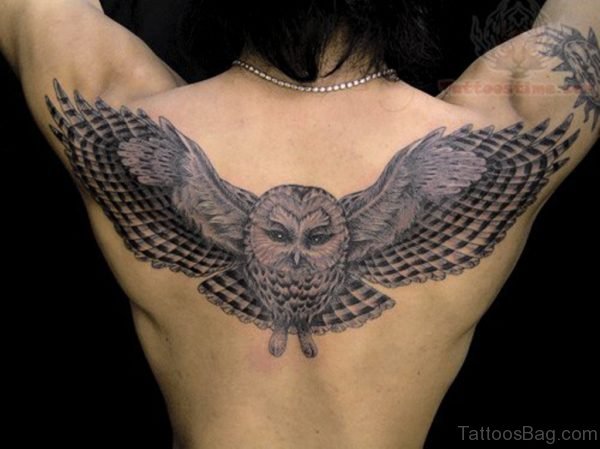 Grey Ink Owl Tattoo On Upper Back