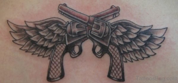 Grey Ink Wings Gun Tattoo On Back