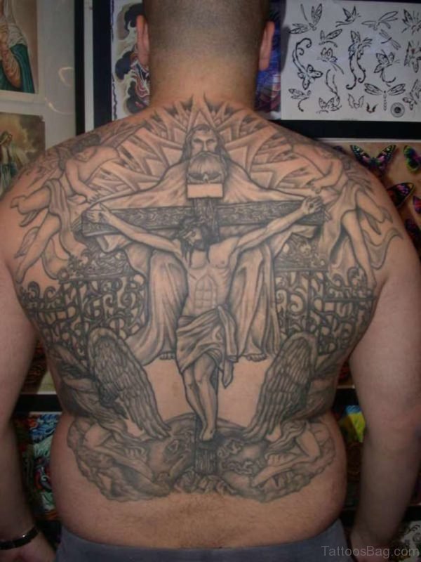 Grey Jesus Tattoo On Back