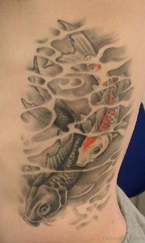 Grey Koi Fish Tattoo Design On Back