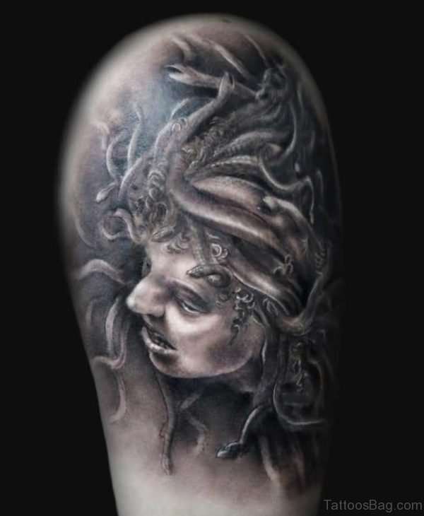 Grey Medusa Tattoo On Shoulder