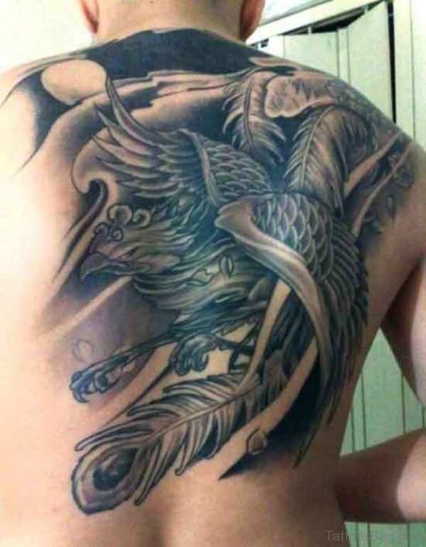 Grey Phoenix Tattoo Design On Back