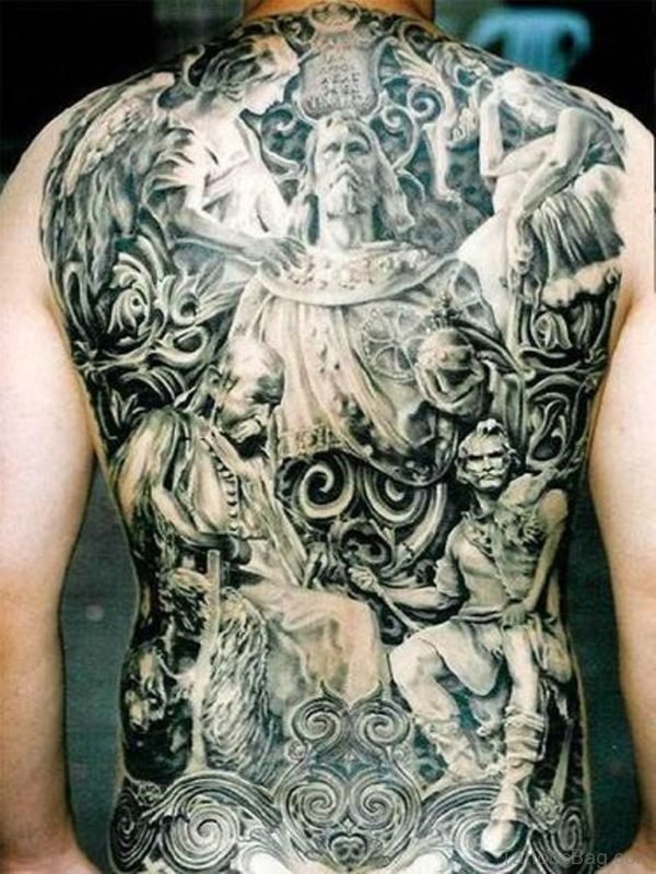 Grey Religious Tattoo On Full Back