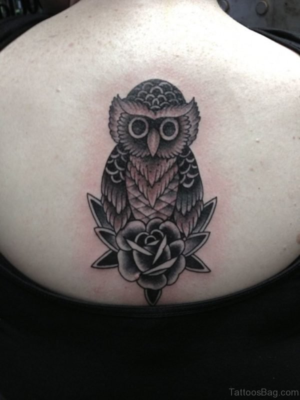 Grey Rose And Owl Tattoo