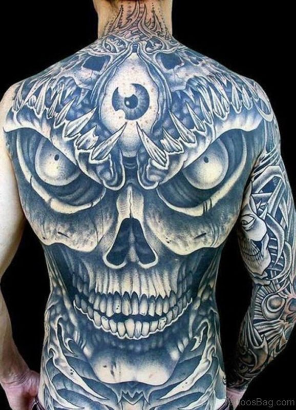 Grey Skull Tattoo On Full Back