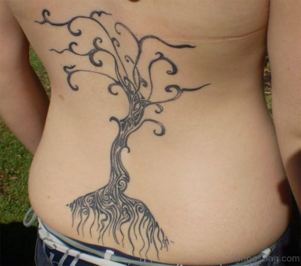 Grey Tree Tattoo On Lower Back