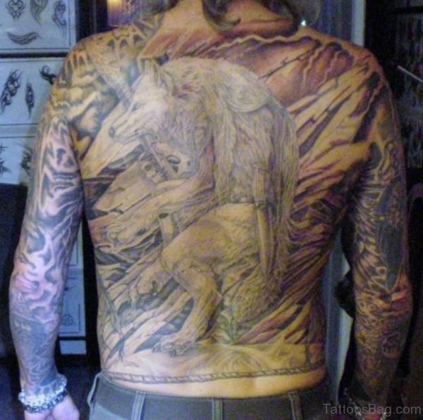 Grey Wolf Tattoo On Full Back