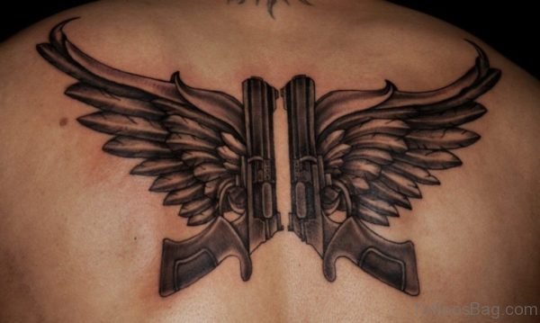 Gun With Wings Tattoo On Back