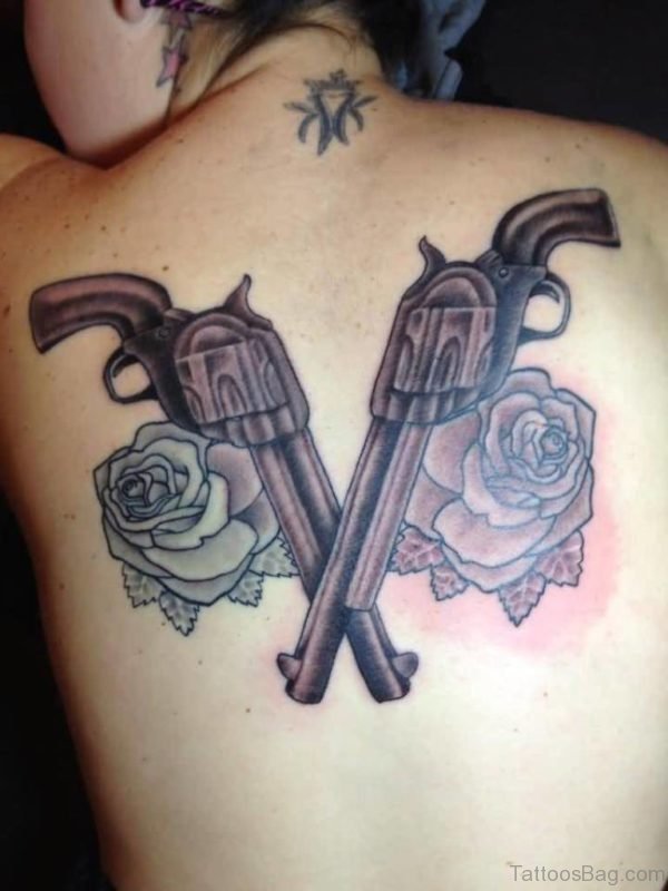 Guns And Rose Design On Upper Back