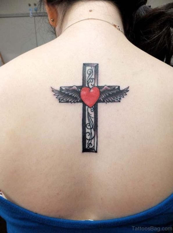 Heart And Cross Tattoo On Back
