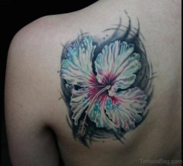 Hibiscus Flower Tattoo On Left Back Shoulder