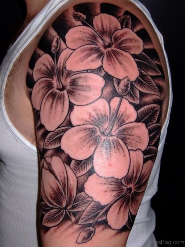 Hibiscus Flower Tattoo On Left Shoulder