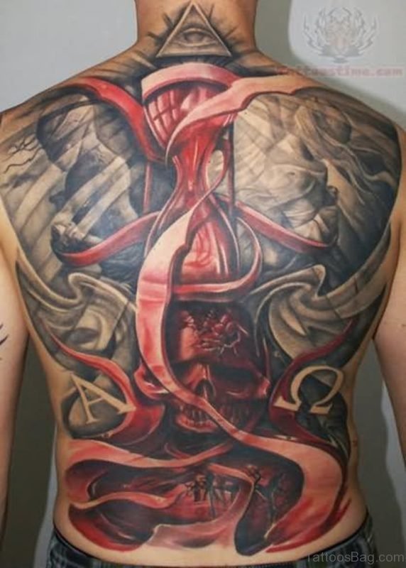 Horror Skull With Red Hourglass Tattoo
