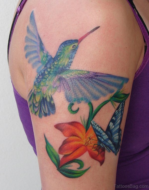Hummingbird And Lily Tattoo On Shoulder