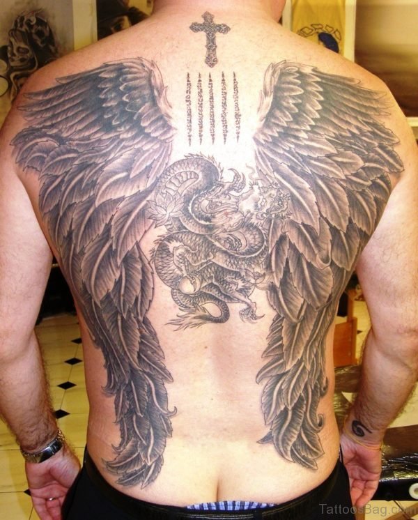 Large Wings And Cross Tattoo