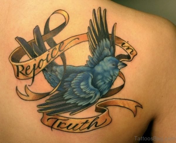Lettering And  Blue Bird Tattoo On Back