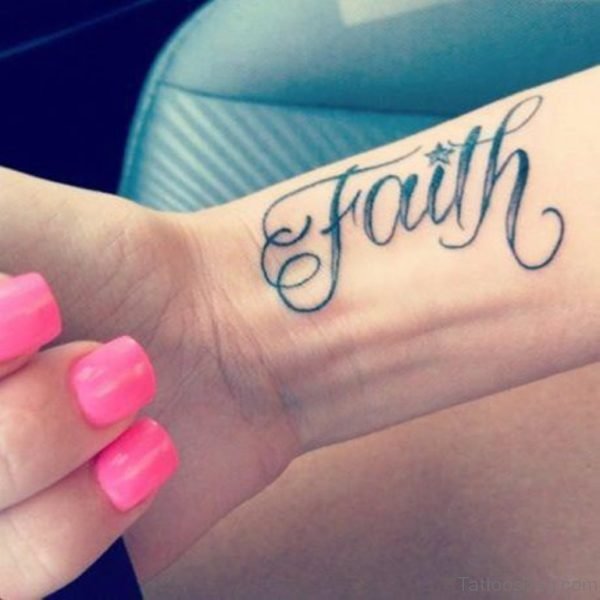 Light Black Ink Faith Tattoo On Wrist