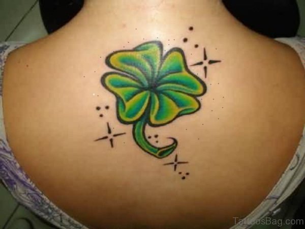 Lovely Black Stars And 4 Leaf Clover Back Tattoo