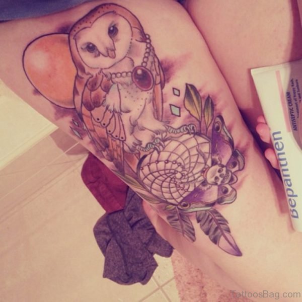 Marvelous Owl Tattoo On Thigh