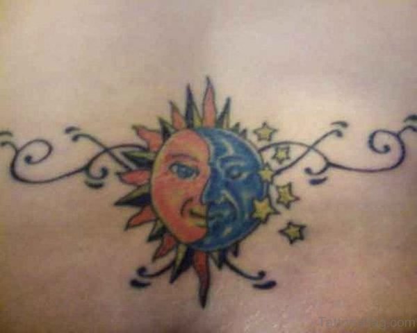 Moon And  Sun Tattoo On Lower Back