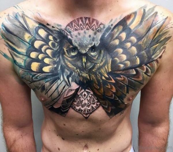New School Owl Tattoo On Chest