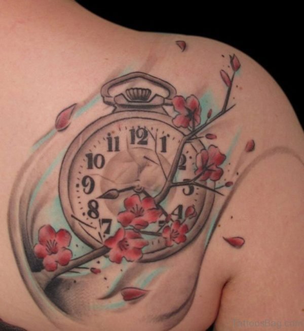 Nice Clock Tattoo Design On Back