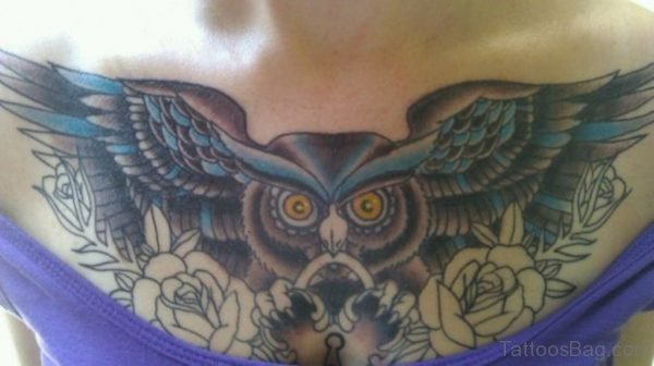 Nice Looking Owl Tattoo On Chest-TB1124
