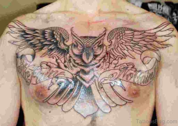 No Pain No Gain Owl Tattoo On Chest