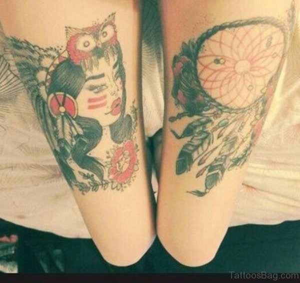 Owl Girl And Dreamcatcher Tattoos On Thigh