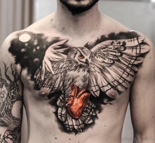 Owl & Heart Chest Tattoo