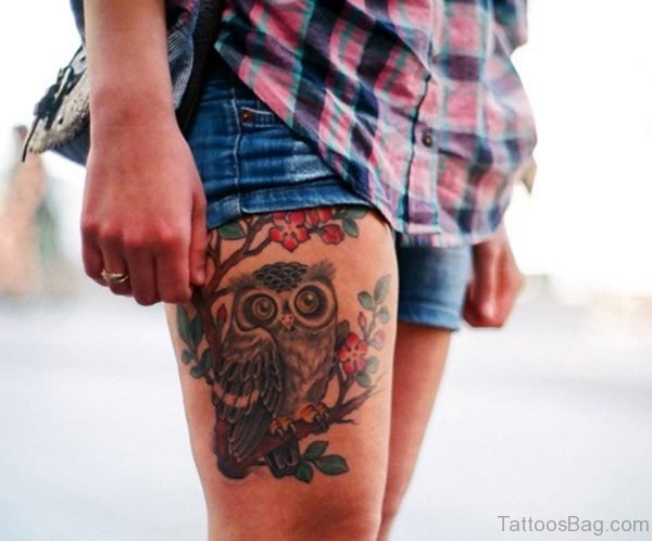 Owl On Blossom Branch Tattoo On Thigh