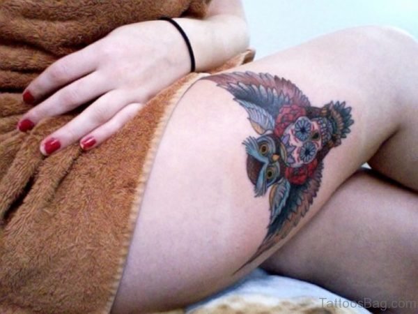 Owl With Sugar Skull And Red Rose Tattoos On Thigh
