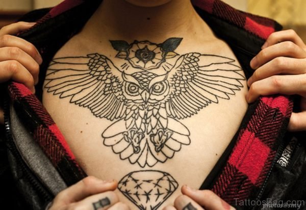 Owl n Diamond Tattoo On Chest