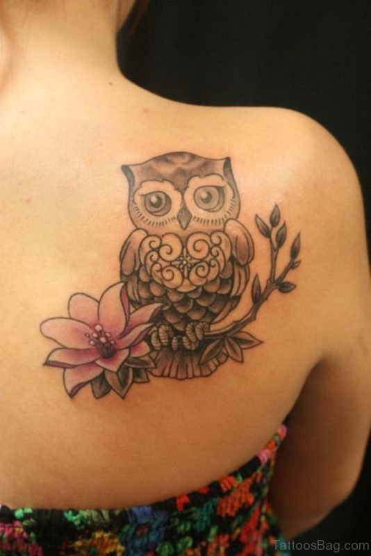 Owl with Flower On Branch Back Tattoo