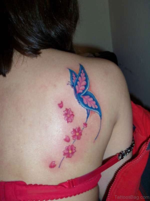 Pink Flower And Butterfly Tattoo