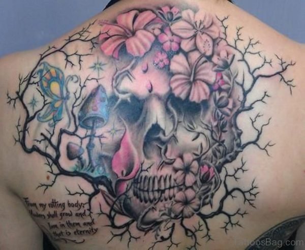 Pink Flower And Skull Tattoo