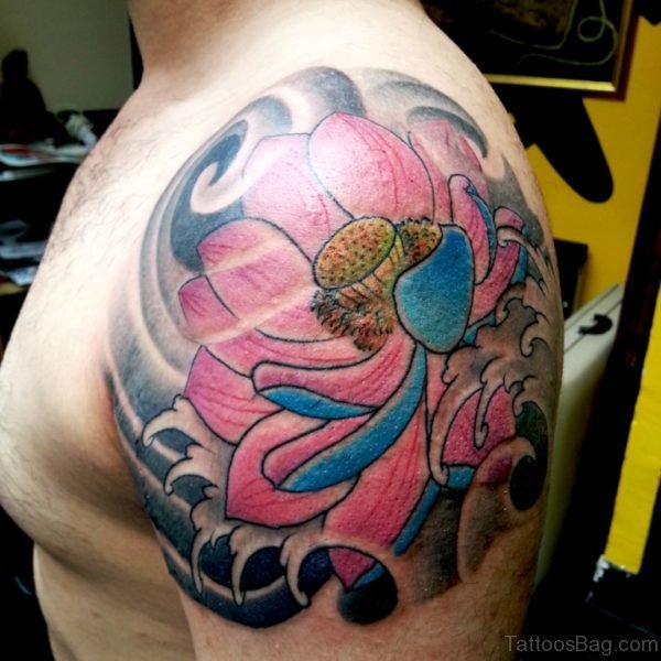 Pink Flower Tattoo On Left Shoulder