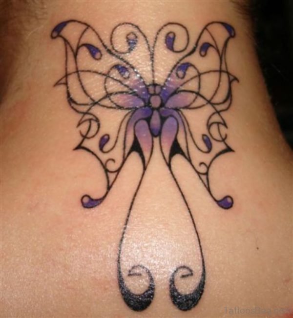 Purple Butterfly Tattoo On Neck