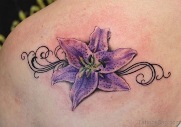 Purple Lily Flower Tattoo On Back 