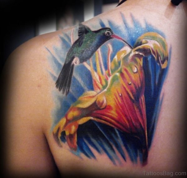 Realistic Hummingbird Tattoo On Back